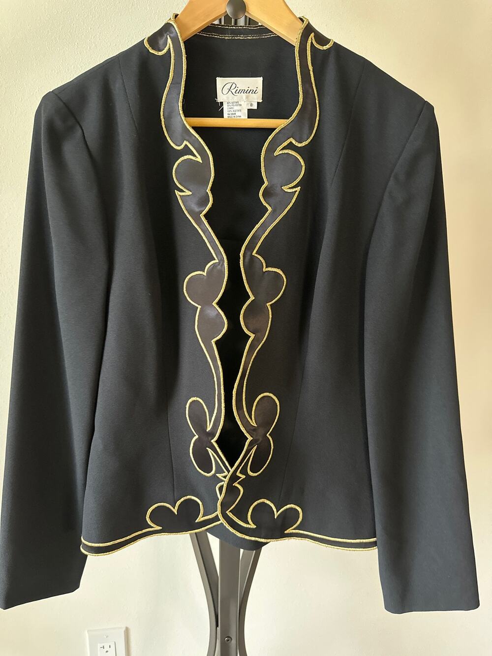 Vintage Rimini Women's Black Long Sleeve Jacket Gold Piping Cutouts Evening Sz 8